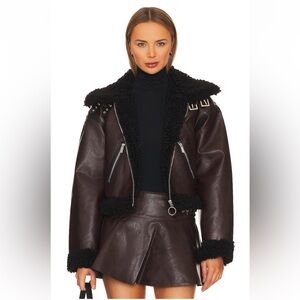 weworewhat Cropped sherpa moto jacket in dark patina & black sherpa size m